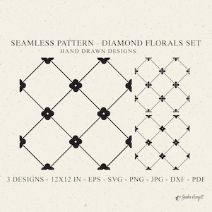 May include: Seamless pattern design featuring diamond-shaped grids with floral accents. The image includes three variations of the design, each with a repeating pattern of black lines and floral elements. Text indicates the designs are 12x12 inches and available in various file formats.