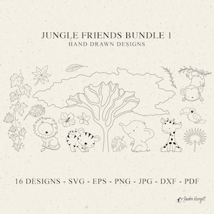 Jungle Animal Friends Plotter File SVG DXF Png Safari Cute Lion Cricut Tiger Silhouette Elephant Giraffe Clipart Parrot Monkey African Tree