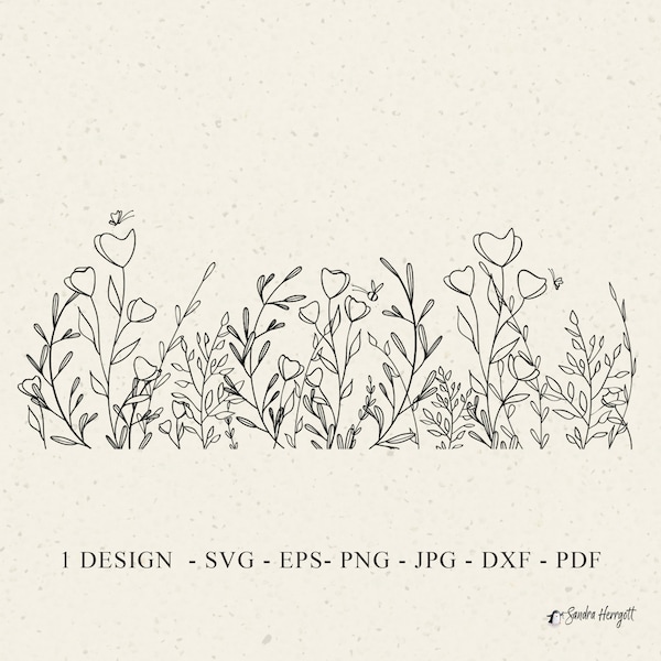 Prairie de fleurs sauvages traceur fichier Svg Dxf Eps Png Jpg Pdf Floral Cricut fleur Clipart botanique Silhouette vinyle découpé au Laser fichier pochoir bricolage