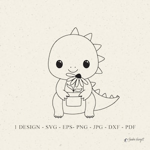 Bébé dinosaure avec pot de fleur traceur fichier Svg Dxf Png Jpg Eps Dino mignon Cricut Silhouette animale Fantasy Clipart découpé au laser modèle pochoir