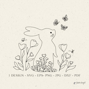 Fichier traceur lapin Svg Dxf Eps Png Jpg Pdf bébé animal Cricut Floral lapin Clipart printemps prairie Silhouette fleurs sauvages vinyle découpé au Laser