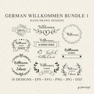 Puede incluir: Una colección de diez diseños alemanes "Willkommen" (Bienvenido) dibujados a mano en varios estilos. Los diseños incluyen coronas florales, pancartas y motivos de corazón, con el texto en escritura elegante y letras de bloque. Formatos: EPS, SVG, PNG, JPG y DXX.