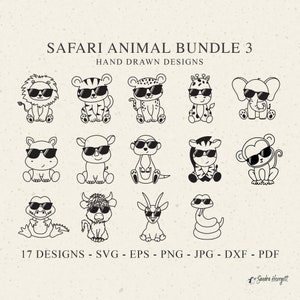 以下が含まれることがあります： SAFARI ANIMAL BUNDLE 3 HAND DRAWN DESIGNSというタイトルのデジタルコレクション。ライオン、トラ、ヒョウ、キリン、ゾウ、カバ、サイ、ミーアキャット、シマウマ、サル、ワニ、ヘビなど、サングラスをかけた様々な動物の白黒線画イラストが17種類含まれています。