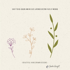 May include: Three hand-drawn floral designs in different colors. A purple flower with a stem, a beige flower with a stem, and a green leafy branch with small circles.