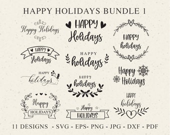 May include: A set of 11 black and white holiday design elements featuring the text "Happy Holidays" in various styles. The designs include wreaths, banners, and hearts.