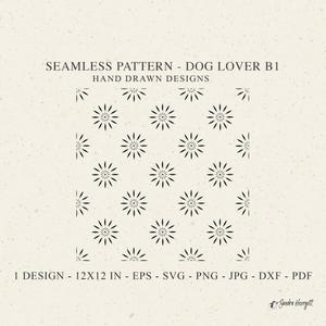 May include: A seamless pattern design titled "DOG LOVER B1" with hand-drawn designs. The pattern features a repeating motif of black starbursts on a cream background. The design is 12x12 inches.