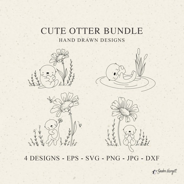 Cute Otter Plotter File Svg Dxf Png Epf Jpg Leaves Botanicals Daisy Flower Cricut Silhouette Download Plotting Bundle Floral Baby Sea Animal