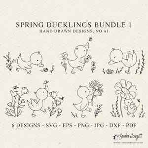 Peut inclure: Un ensemble d'art numérique intitulé "Spring Ducklings Bundle 1" présentant six dessins de canetons dessinés à la main avec des fleurs et des insectes. Les dessins sont disponibles aux formats SVG, EPS, PNG, JPG, DXF et PDF.