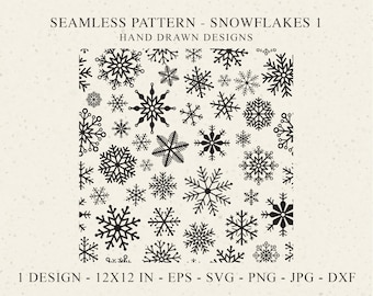 May include: A black and white seamless pattern featuring various snowflake designs. The pattern is 12 inches by 12 inches and is available in EPS, SVG, PNG, JPG, and DXF formats.