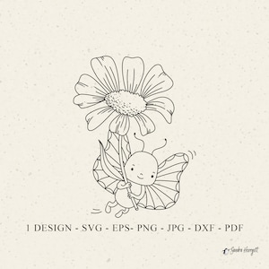 Archivo de trazador de mariposas voladoras Svg Dxf Png Jpf Pdf Cricut Silueta de animal bebé Insecto Clipart Archivo de corte láser de vinilo Plantilla de bricolaje Flor de margarita