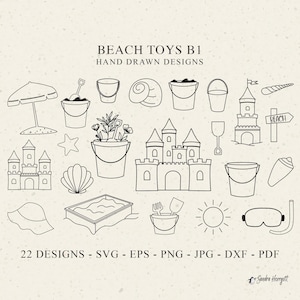 Strand Spielzeug Plotterdatei SVG DXF Eps Png Urlaub Cricut Silhouette Clipart Sommer Vibe Sand Burg Eimer Schaufel Sandkasten Regenschirmschale