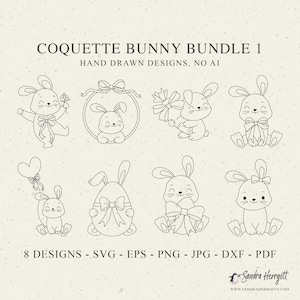 Puede incluir: Un conjunto de ocho diseños de conejitos dibujados a mano. Los conejitos están en varias poses, algunos con flores o globos, otros con lazos. La imagen incluye el texto "COQUETTE BUNNY BUNDLE 1" e información sobre el tipo de archivo.