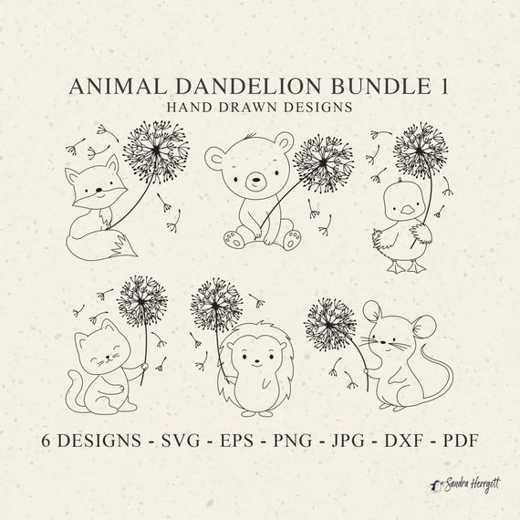 Animal Dandelion Flower Plotter File Svg Dxf Png Pdf Baby Fox Cricut Bear Silhouette Woodland Duck Clipart Vinyl Laser Cut File Cat Mouse