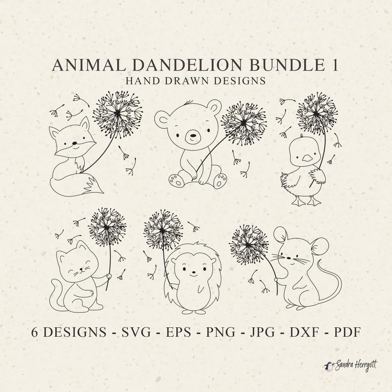 May include: A set of six black and white line drawings of animals holding dandelions. The animals include a fox, bear, duck, cat, hedgehog, and mouse.