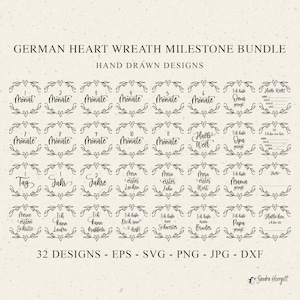 Plotterdatei Deutscher Baby Meilenstein Runden Plotterdatei SVG DXF PNG Herz Schnörkel Kranz Cricut Plotting Bundle Ankündigung Hello Newborn Stats Sign