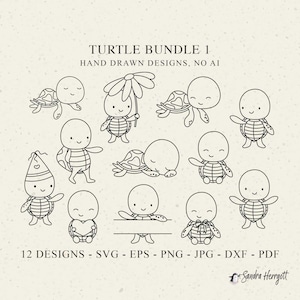 以下が含まれることがあります： TURTLE BUNDLE 1 HAND DRAWN DESIGNS, NO AIというタイトルのデジタルコレクション。花やハートを持ったり、パーティーハットを被ったりしている、様々なポーズの漫画の亀の白黒線画イラストが12種類含まれています。