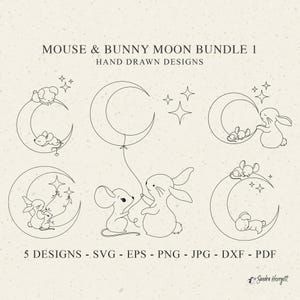 File di plotter Moon Mouse Svg Dxf Png Jpg Dolce animale Cricut Baby Mum Silhouette Clipart Vinile File tagliato al laser Coniglio addormentato Stella celeste
