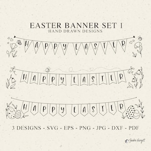 Bannière de Joyeuses Pâques pour caisse Box Plotter fichier Svg Dxf Png Eps Jpg Pdf Printemps abeille Cricut oeuf Silhouette vinyle découpé au Laser fichier Clipart floral