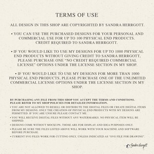 May include: Terms of use for a digital design shop. The text explains the copyright information, credit requirements, and commercial use limitations for purchased designs. The text also mentions that the shop offers unlimited commercial licenses.