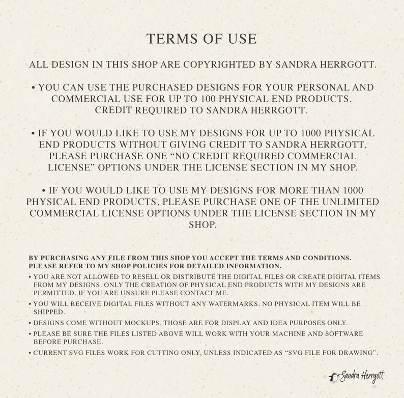 May include: Terms of use for a digital design shop. The text explains the copyright information, credit requirements, and commercial use limitations for purchased designs. The text also mentions that the shop offers unlimited commercial licenses.