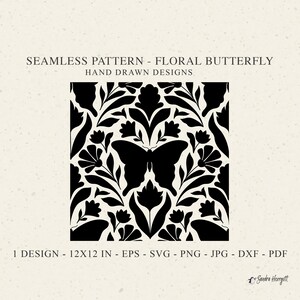 Puede incluir: Patrón sin costuras en blanco y negro con un diseño floral con mariposas. El patrón mide 30,5 cm por 30,5 cm y está disponible en los formatos EPS, SVG, PNG, JPG, DXF y PDF.