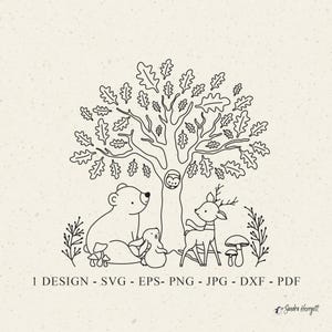 Eiche Wald Freunde Plotterdatei svg Dxf Png Jpg Wald Cricut Silhouette Baby Tier Clipart Vinyl Laser Cut Datei Häschen Bär Reh Eule