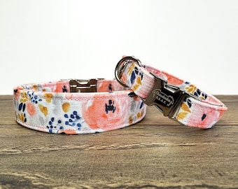 Collar para perro de tela floral rosa, collar ajustable para cachorrita.