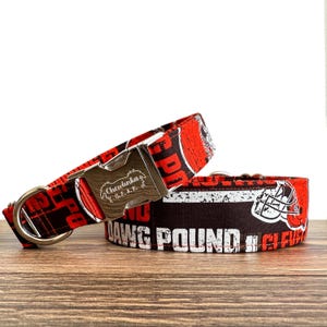 May include: A brown and orange dog collar with a silver buckle. The collar has a white and black pattern with the words "Dawg Pound" and "Cleveland Browns" printed on it.