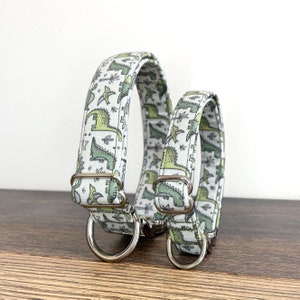 May include: Two dog collars with a white background and a green dinosaur pattern. The collars are made of fabric and have silver metal hardware.