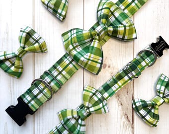Collar de perro a cuadros verdes y lazo a juego, collar del Día de San Patricio, pajarita para perro, collar y lazo