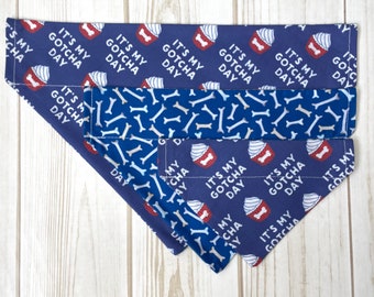 Gotcha Day Dog Bandana, Blue Over the Collar, Reversible