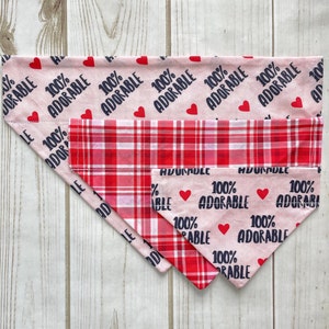 May include: Two pink and red dog bandanas with the text "100% Adorable" printed on them. The bandanas are layered on top of each other, with the red and white plaid bandana on top.