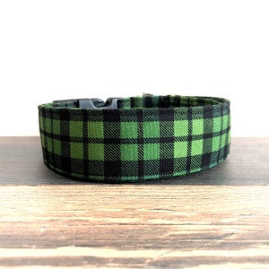 May include: A green and black plaid dog collar with a black plastic buckle.