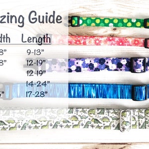 May include: Collar sizing guide for dogs with five different sizes: small, medium, medium, large, and XL. The guide shows the width and length of each size in inches. The image also shows five different dog collars with various patterns.