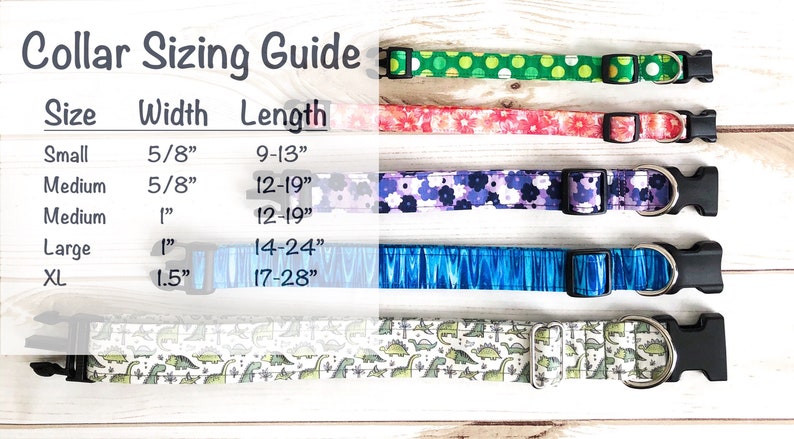 May include: Collar sizing guide for dogs with five different sizes: small, medium, medium, large, and XL. The guide shows the width and length of each size in inches. The image also shows five different dog collars with various patterns.
