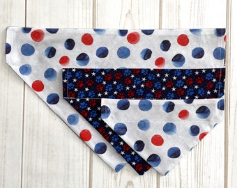 Red White and Blue Summer Bandana, Patriotic Dog Bandana, Cute Dog Bandana, Reversible Dog Bandana, Paw Print Bandana, Polka Dot Dog Bandana