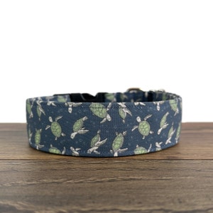 May include: A blue dog collar with a pattern of green sea turtles. The collar has a black buckle and is made of fabric.