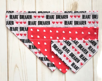 Heart Breaker Dog Bandana, Red Heart Dog Bandana, Valentines Day Dog Bandana, Over the Collar Dog Bandana, Reversible Dog Bandana, Two Sided