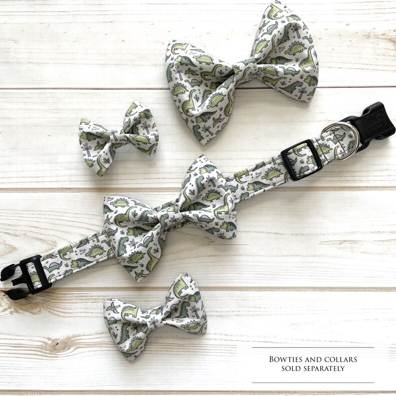 May include: Four bow ties and two collars with a dinosaur print pattern. The bow ties and collars are sold separately.  Bowties And Collars Sold Separately.