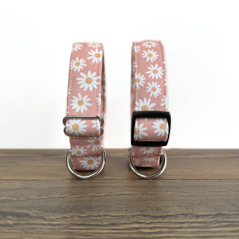 May include: Two pink dog collars with white daisy print. The collars have silver D-rings and a black buckle.