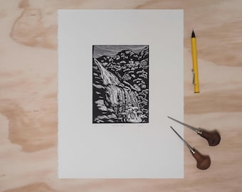 Katoomba Falls Waterfall Lino Print, Blue Mountains Art, Original  landscape print, house warming gift, Australian bush
