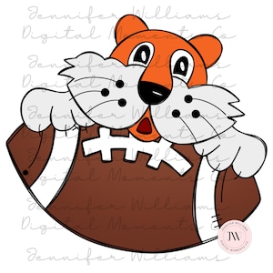 May include: A cartoon illustration of an orange and white tiger holding a brown football. The tiger has a big smile and is looking at the viewer.