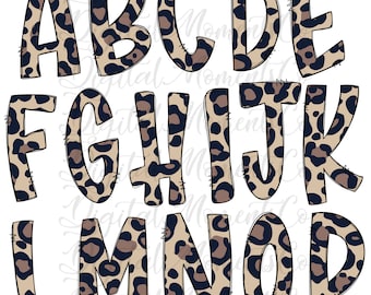 May include: A set of uppercase letters A through P in a leopard print pattern. The letters are outlined in black and have a stitched look.