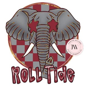 May include: A gray elephant illustration with star-shaped eyes and gold accents. The elephant is set against a red and gray checkered background, with the words "Roll Tide" in red script below. A circular logo is in the upper right corner.