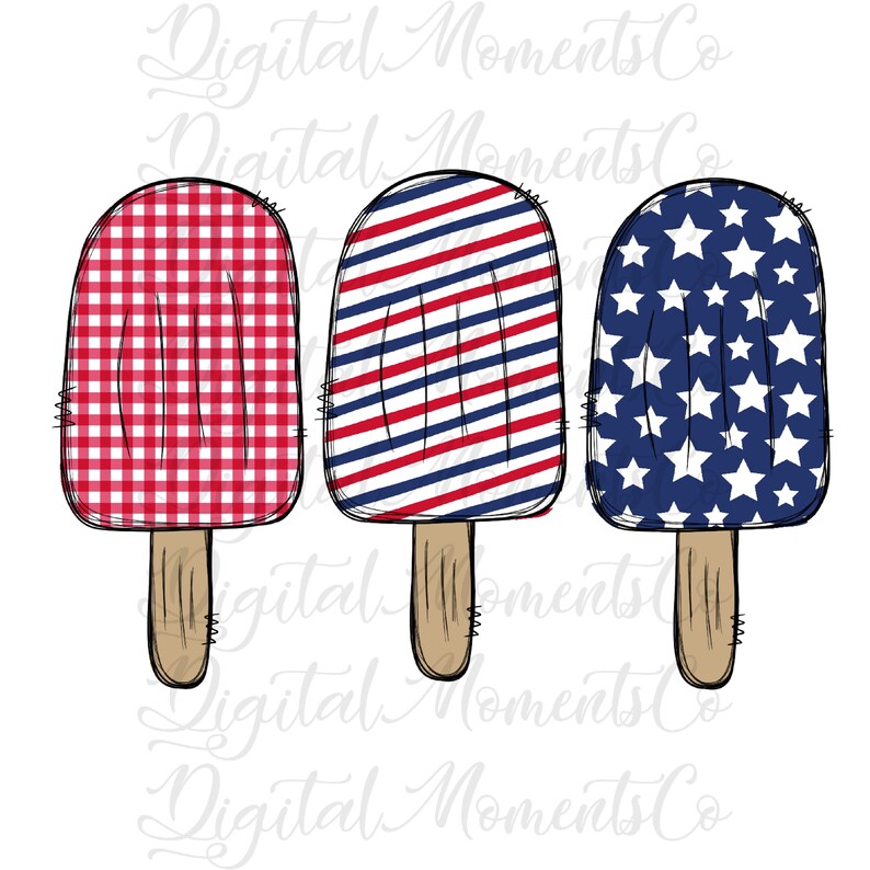 May include: Three popsicle-shaped ice cream treats with red, white, and blue patterns. The first popsicle has a red and white gingham pattern. The second popsicle has red and blue stripes. The third popsicle has a blue background with white stars.