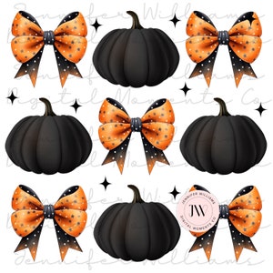 May include: A seamless pattern featuring black pumpkins and orange and black polka dot bows with white stars. The pattern is on a white background.
