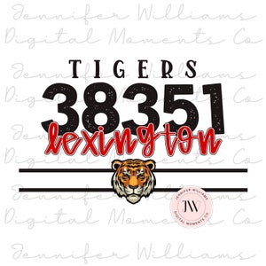 May include: Black and white graphic with the text "TIGERS" and "38351 Lexington" in a vintage style. A red and orange tiger head is below the text. The text "Jennifer Williams Digital Moments Co." is repeated in the background.