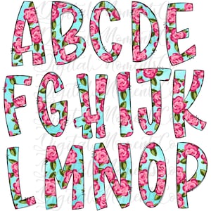 May include: A set of alphabet letters A through P, with a floral pattern in pink and green on a light blue background. The letters are outlined in black.