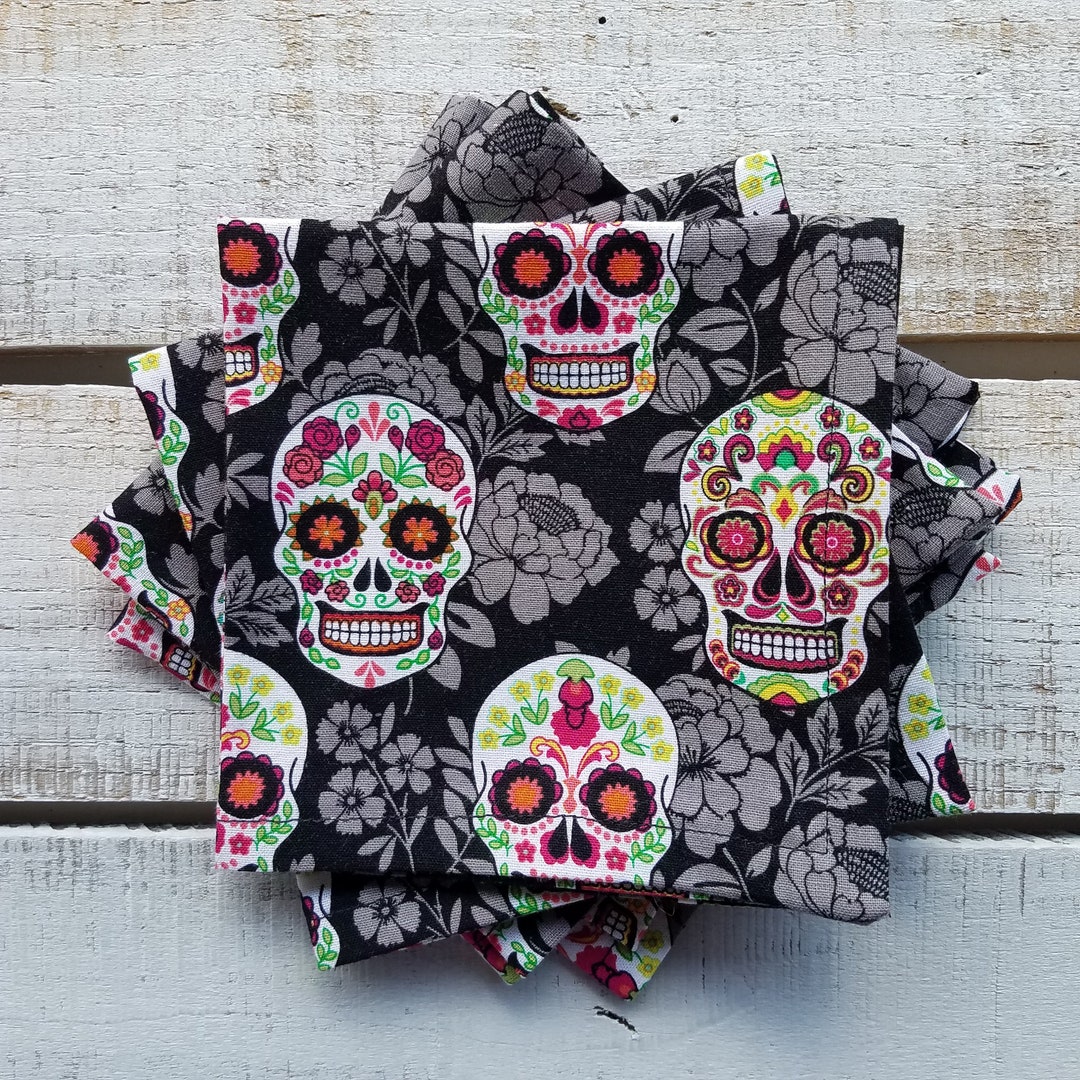 Sugar Skulls Cocktail Napkin Set 4 Day of the Dead Napkins Cotton