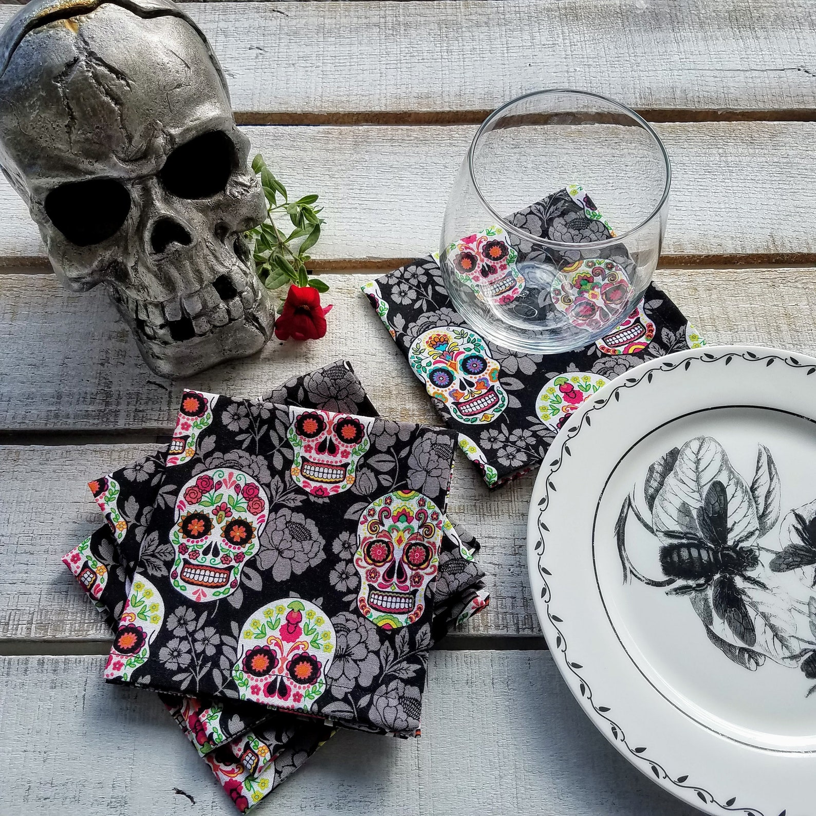 Sugar Skulls Cocktail Napkin Set 4 Day of the Dead Napkins Cotton